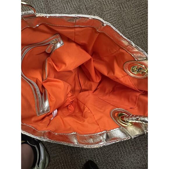 Felix Rey Tote Bag Women Blue Canvas Faux Leather Fish Sequin Gold Handles Purse - Picture 9 of 9